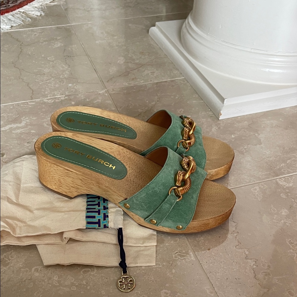 Tory Burch Green Suede Chain-Accent Wood-Platform Mules